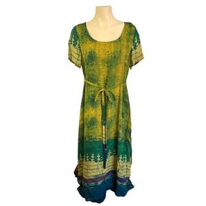 Vintage Didier Parakian Green Yellow Batik Print Short Sleeve Maxi Dress L